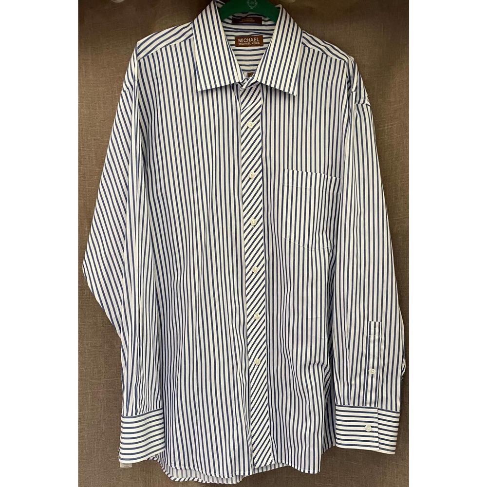 Michael Kors 17.5 34/36 Men's Blue&White Stripe Long-Sleeve Button Dress Shirt.